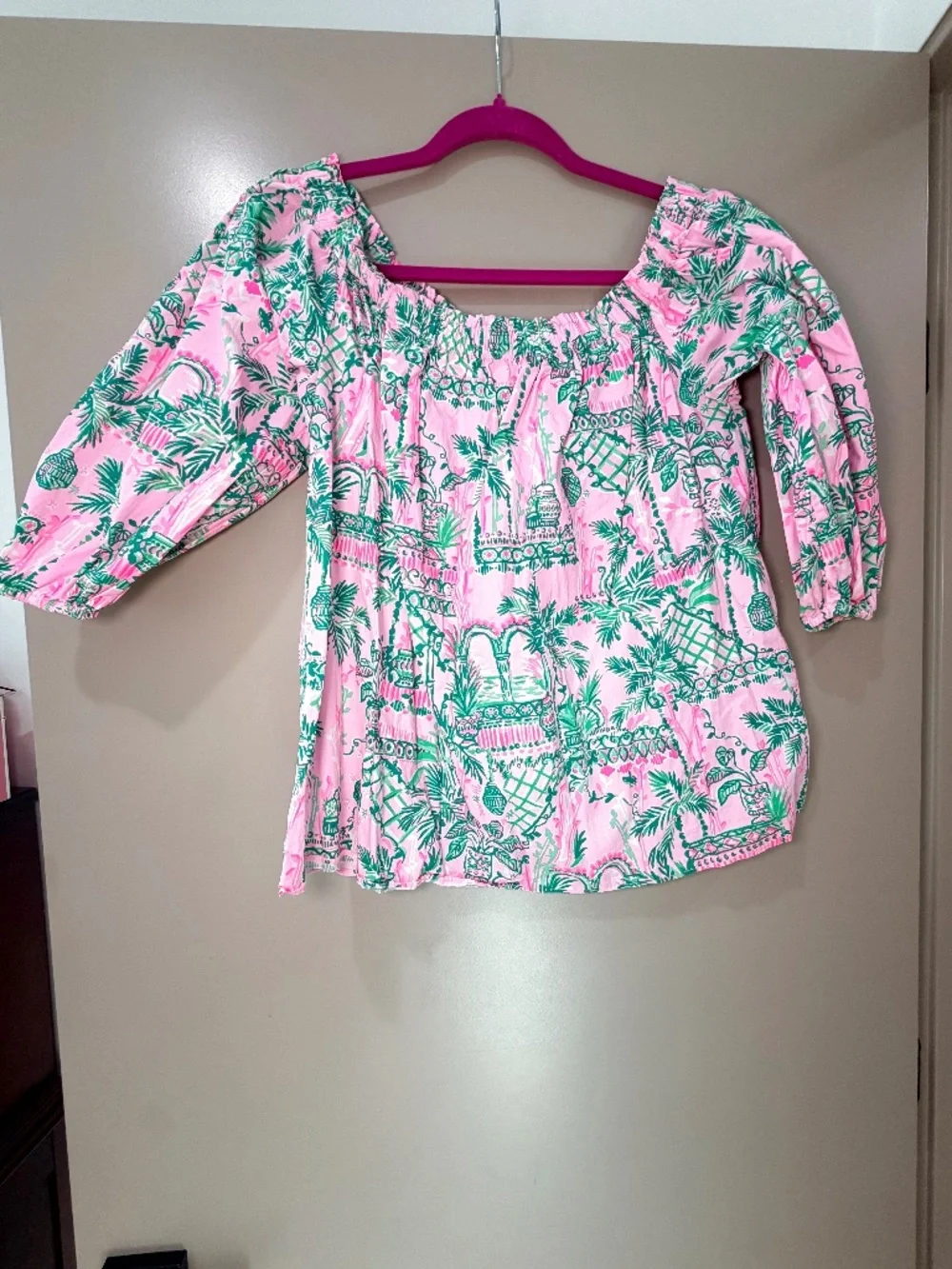 Lilly Pulitzer Pink Green Palm Chinoiserie Top Size XL